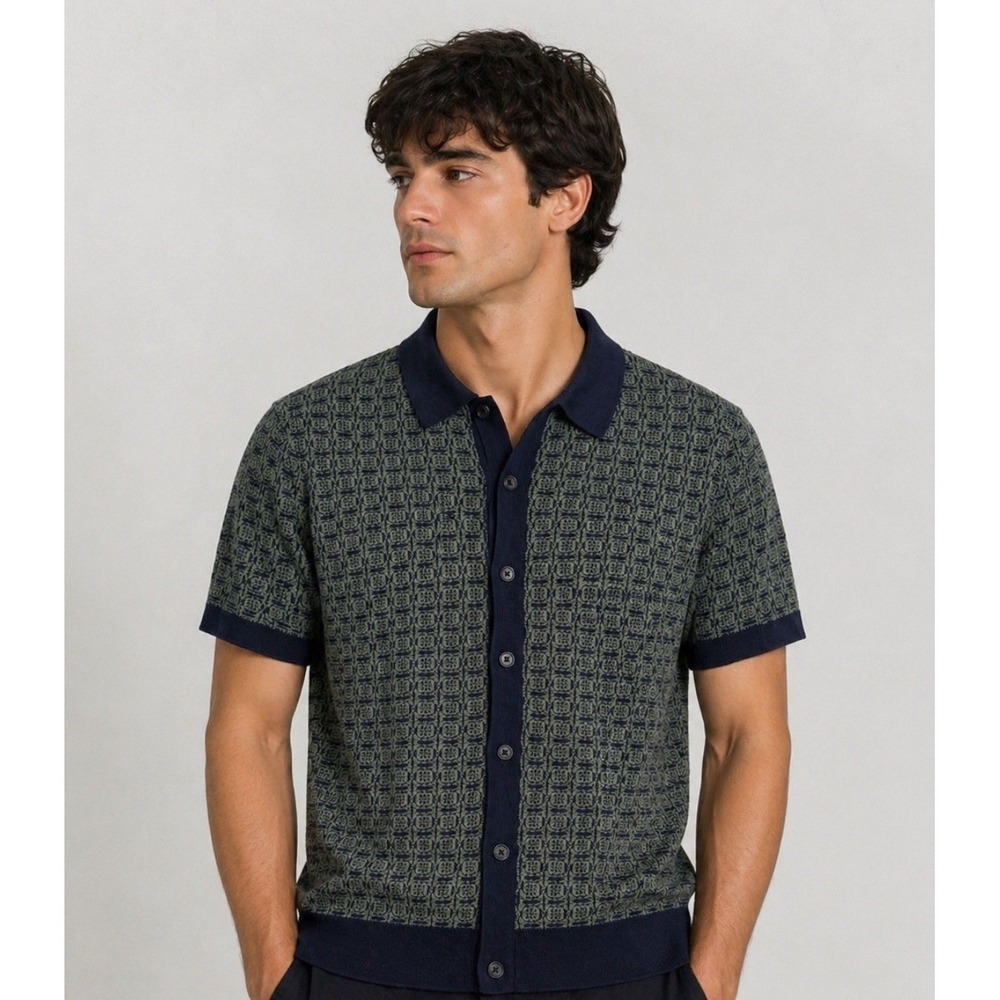 Tahari Men's Large Green/Blue Button Up Short Sleeve Sweater - NWT